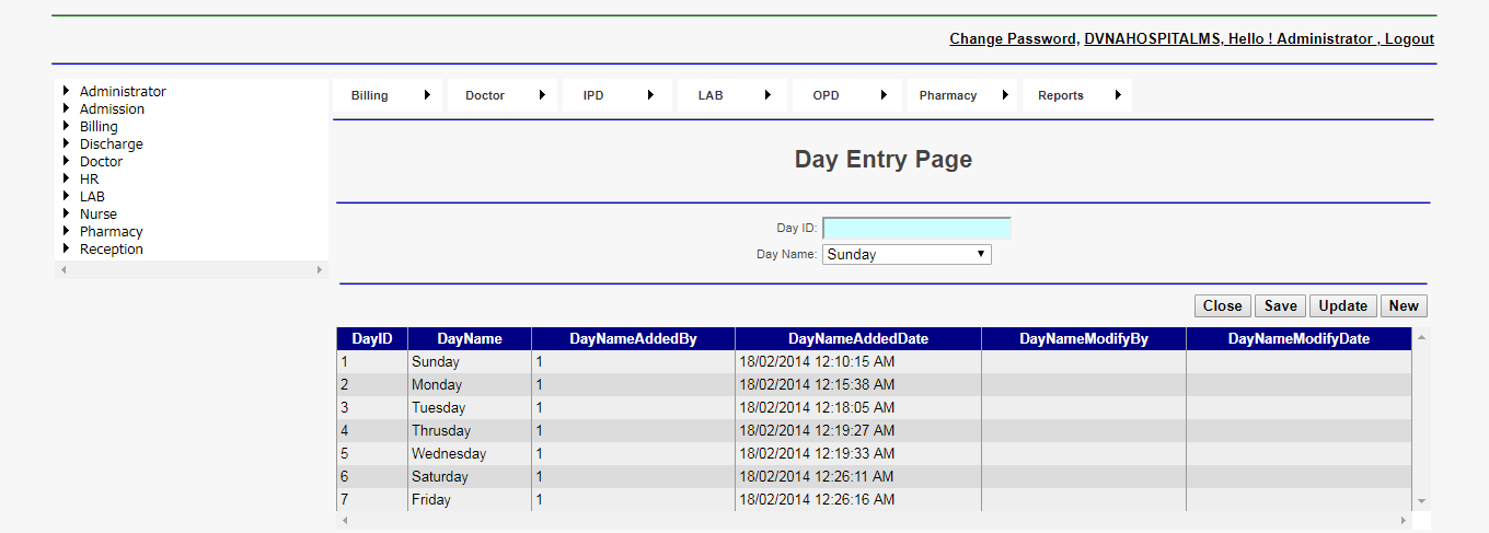DVNA Hospital Management Software Day Entry Page